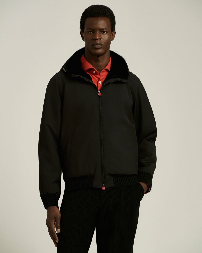 BLACK HOODED JACKET LINED WITH WEASEL FUR - KITON -